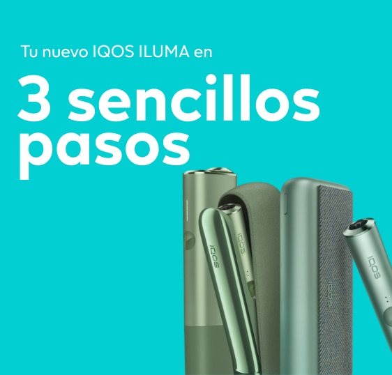 Dispositivos y cargadores IQOS sobre fondo turquesa
