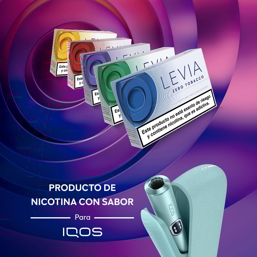 Cajetillas de LEVIA sobre fondo morado y dispositivo ILUMA i