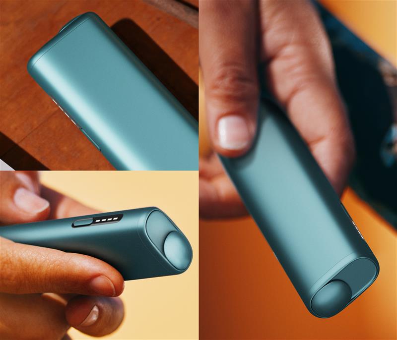 Collage de primeros planos de un dispositivo IQOS azul verdoso sostenido en la mano, mostrando su diseño y detalles en diferentes ángulos.