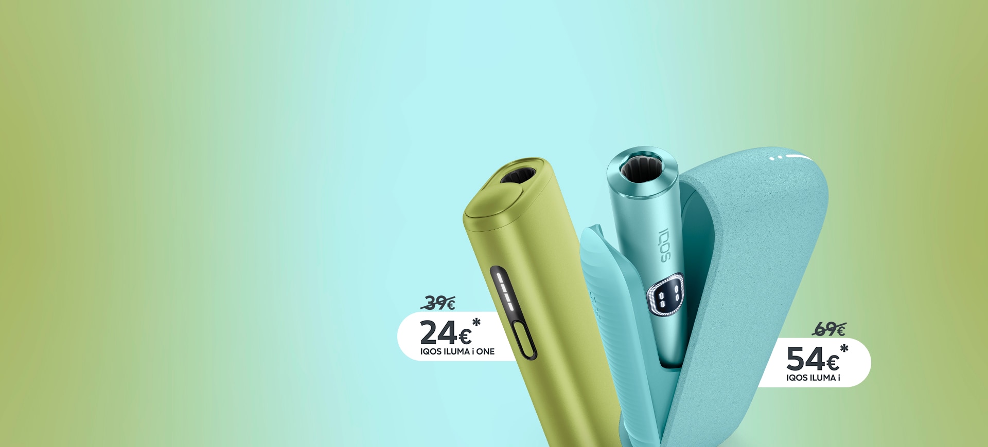 Iqos verde y azul sobre un fondo degradado azul y verde