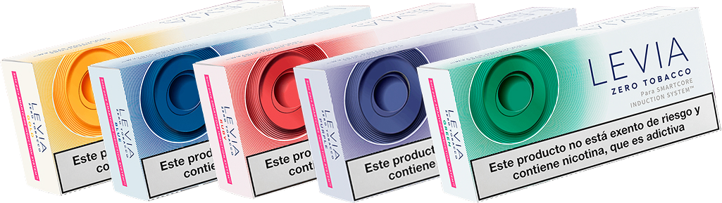 5 Cajas de LEVIA colocadas en fila y superpuestas