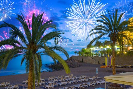 Fuegos artificiales con palmeras delante