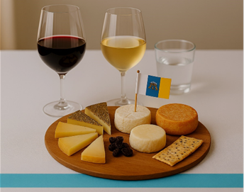 Tabla de quesos con dos vinos
